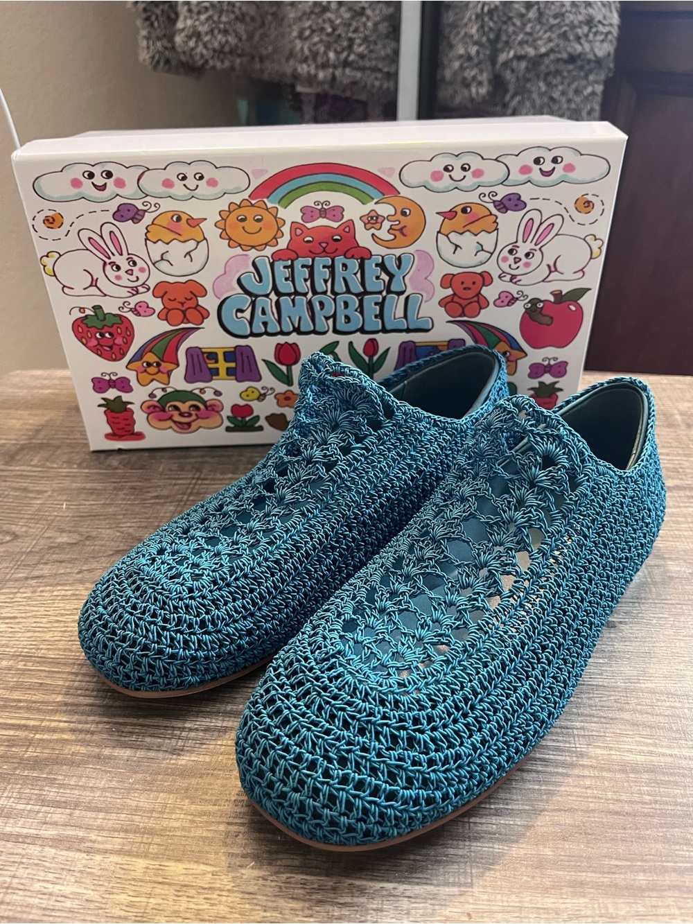 Jeffrey Campbell Teal Crochet Slip-Ons